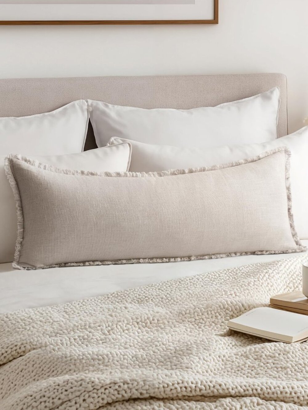 🪷NIB Decorative Throw Pillow Cover Neutral Linen Fringe, 14 X 36, set of 1 - Picture 2 of 6